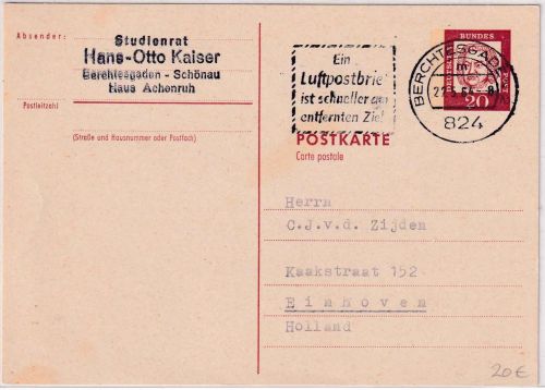BRD - 20 Pfg Bed. Deutsche Ganzsache n. HOLLAND Berchtesgaden - Einhoven 1964