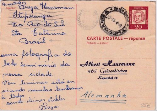 BRD - 20 Pfg Bed. Deutsche Ganzsache/A-Teil a. BRASILIEN S. Catarina 1965