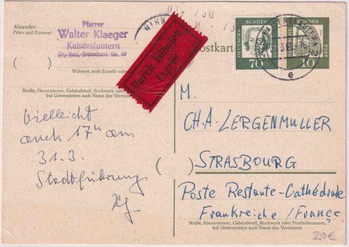 BRD - 10 Pfg Bed. Deutsche Ganzsache/Eilkarte n. FRANKREICH Kaiserslautern 1962