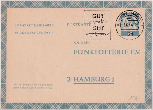 BRD - 15 Pfg Bed. Deutsche Funklotterie-Ganzsache Hamburg-Harburg 1964
