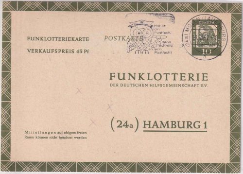 BRD - 10 Pfg Bed. Deutsche Funklotterie-Ganzsache Mölln (Lauenburg) 1962