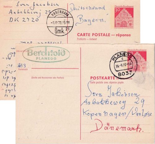 BRD - 30/30 Pfg Dt. Bauwerke Ganzsache n. DÄNEMARK Planegg 1970 + Retour !