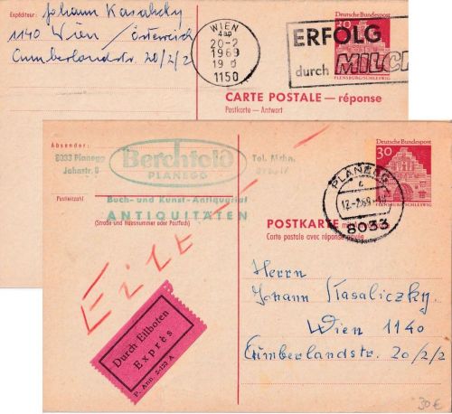 BRD - 30/30 Pfg Dt. Bauwerke Ganzsache n. ÖSTERREICH Planegg 1969 + Retour !