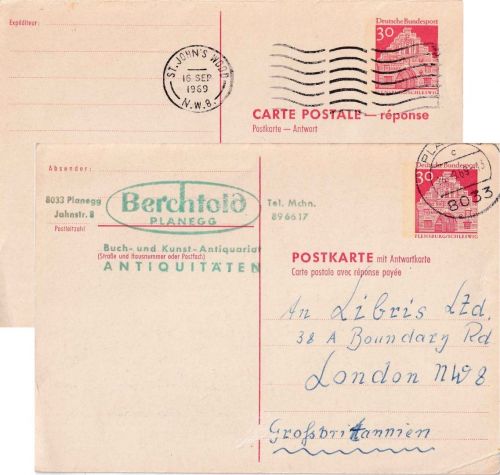 BRD - 30/30 Pfg Dt. Bauwerke Ganzsache n. ENGLAND Planegg 1969 + Retour !