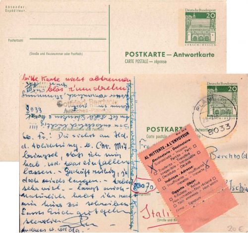 BRD - 20/20 Pfg Dt. Bauwerke Ganzsache n. ITALIEN Planegg - St. Angelo 1969