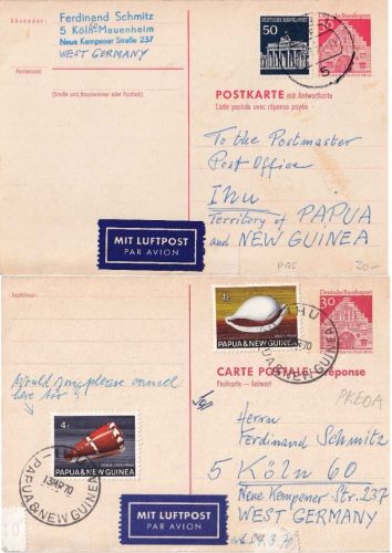 BRD - 30/30 Pfg Dt. Bauwerke Ganzsache n. PAPUA NEUGUINEA + Retour 1970