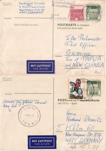 BRD - 20/20 Pfg Dt. Bauwerke Ganzsache n. PAPUA NEUGUINEA Köln 1970 + Retour !