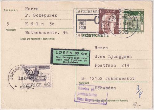 BRD - 20 Pfg Dt. Bauwerke Ganzsache n. SCHWEDEN Hermülheim 1973 Nachporto