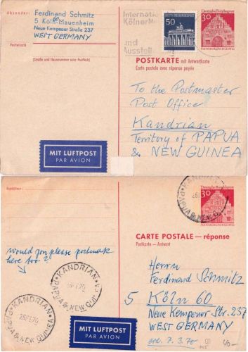 BRD - 30/30 Pfg Dt. Bauwerke Ganzsache n. PAPUA NEUGUINEA + Retour 1970