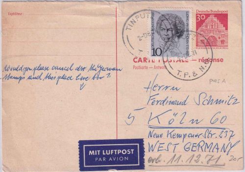 BRD - 30 Pfg Dt. Bauwerke Ganzsache/A-Teil v. PAPUA NEUGUINEA Tinputz 2.12.71