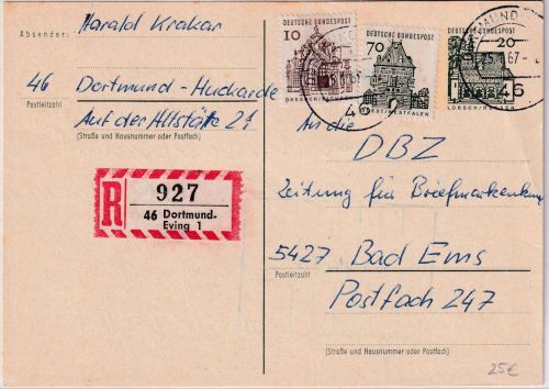 BRD - 20 Pfg kl. Bauwerke Ganzsache/Einschreibekarte Dortmund-Eving 1967