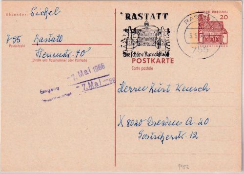BRD - 20 Pfg kl. Bauwerke Ganzsache i.d. DDR Rastatt - Dresden 1966