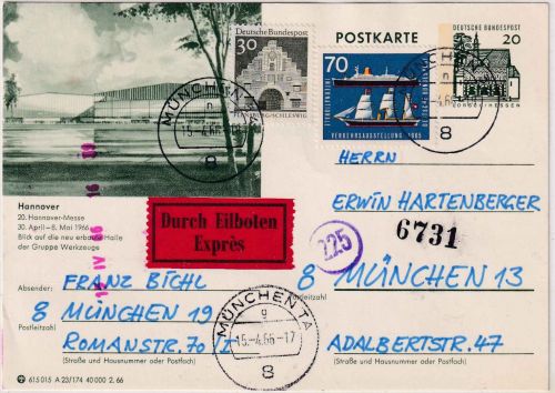 BRD - 20 Pfg kl. Bauwerke Bildganzsache/Ortseilkarte (Rohrpost) München 1966