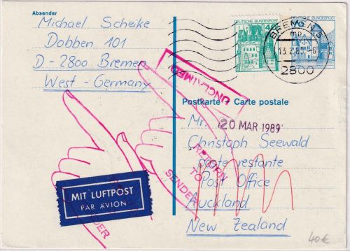 BRD - 70 Pfg B&S Ganzsache/Luftpostkarte n. NEUSEELAND Bremen 1989 retour
