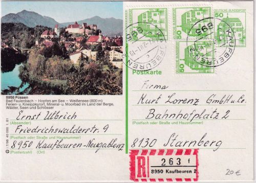 BRD - 50 Pfg B&S Bildganzsache/Einschreibekarte Kaufbeuren - Starnberg 1981