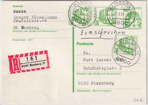 BRD - 50 Pfg B&S Ganzsache/Einschreibekarte Bamberg - Starnberg 1981