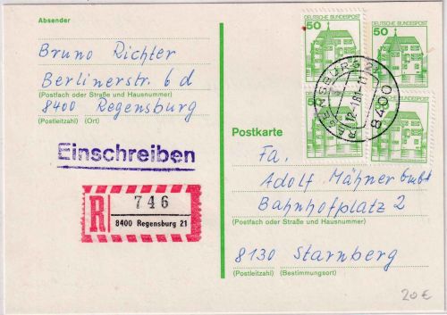 BRD - 50 Pfg B&S Ganzsache/Einschreibekarte Regensburg - Starnberg 1981