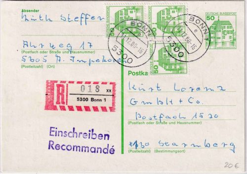 BRD - 50 Pfg B&S Ganzsache/Einschreibekarte Bonn - Starnberg 1980