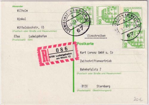 BRD - 50 Pfg B&S Ganzsache/Einschreibekarte Ludwigshafen a/Rh - Starnberg 1981