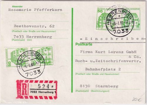 BRD - 50 Pfg. B&S Ganzsache/Einschreibekarte Herrenberg - Starnberg 1981