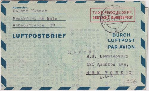 BRD - 60 Pfg. Ganzsache/Luftpostfaltbrief n. USA Frankfurt a/M. - New York 1951