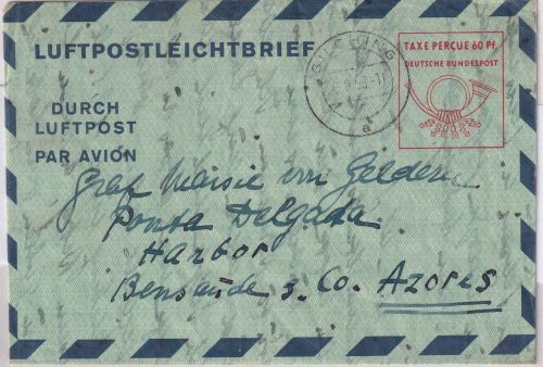 BRD - 60 Pfg. Ganzsache/Luftpostfaltbrief n. PORTUGAL (Azoren) Gilching 1953