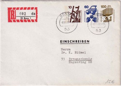 BRD - 100+60+10 Pfg. Privatganzsache/Einschreibebrief Bonn - Braunschweig 1977