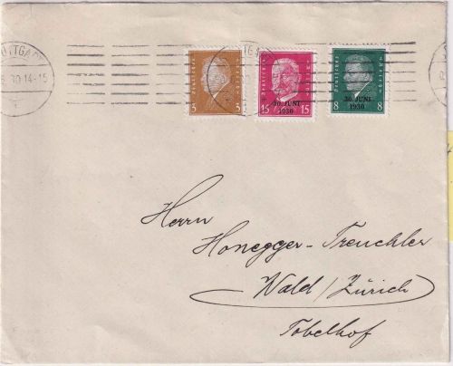 DR - 8+15 Pfg. Rheinlandabzug u.a. Brief/FDC i.d. SCHWEIZ Stuttgart 30.6.30