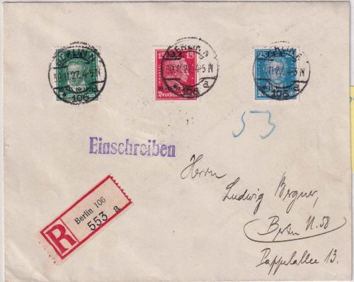 DR - Int. Arbeitsamt Satzbrief/Orts-Einschreiben Berlin N106 30.11.27