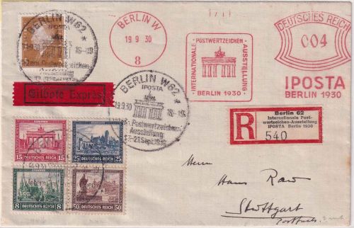 DR - IPOSTA-Block/Herzstück u.a. Eil-Einschreibebrief Berlin - Stuttgart 1931