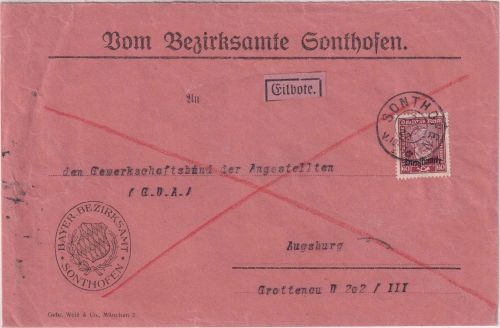 DR - 60 Pfg. Stephan/Dienst Eilbrief (2. Gew.stufe) Sonthofen - Augsburg 1927