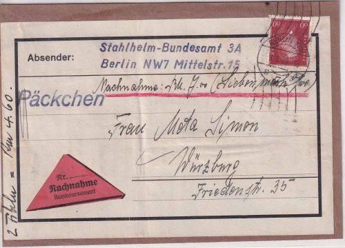 DR - 60 Pfg. Ebert Nachnahme-Päckchen-Vds. Berlin NW7 - Würzburg 1933