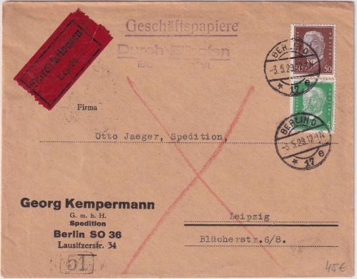 DR - 50+5 Pfg. Hindenburg Geschäftspapiere-Eilboten Berlin - Leipzig 1929