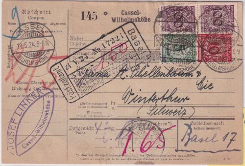 DR - 2x100+10+5 Pfg. Korbdeckel Paketkarte i.d. SCHWEIZ Cassel-Wilhelmshöhe 1924