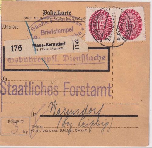 DR - 2x15 Pfg. Strohhut Dienstpaketkarte Plaue-Bernsdorf - Wermsdorf 1935