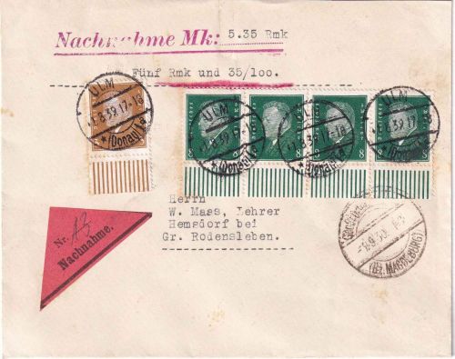 DR - 4x8+3 Pfg. Ebert/Unterrand Nachnahmebrief Ulm - Hemsdorf 1.8.39 !!