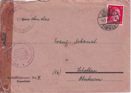 DR - 12 Pfg. AH Brief/Überroller Gross-Zimmern - Schotten 14.3.45 US-Zensur
