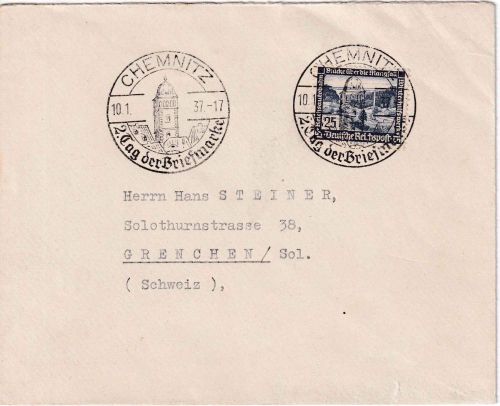 DR - 25 Pfg. WHW/Brücke Brief i.d. SCHWEIZ SST Chemnitz Tag d. Briefmarke 1937