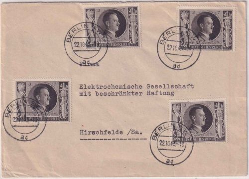 DR - 4x3 Pfg. 54. Geburtstag AH Brief Berlin SW11 - Hirschfelde 1943