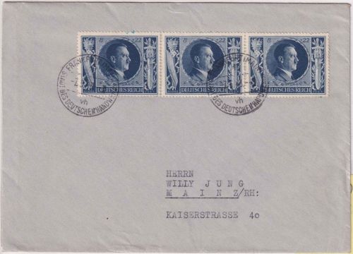 DR - 8 Pfg. 54. Geburtstag AH 3er-Streifen Brief Frankfurt a/M - mainz 1943
