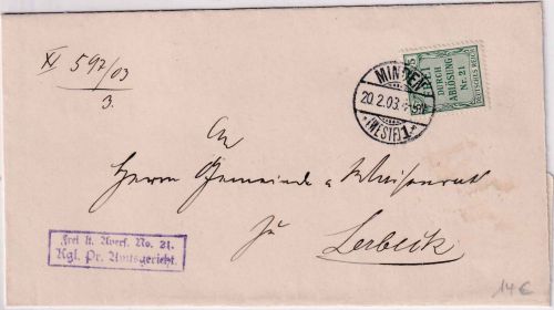 DR - 5 Pfg. Zähldienstmarken "21" Brief/Nachbarortsverkehr Minden Lerbeck 1903
