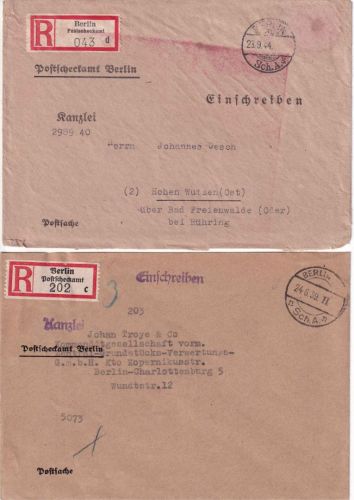 DR - Berlin Postscheckamt 1939/1944 2 Einschreibebrief m. versch. R-Zetteln