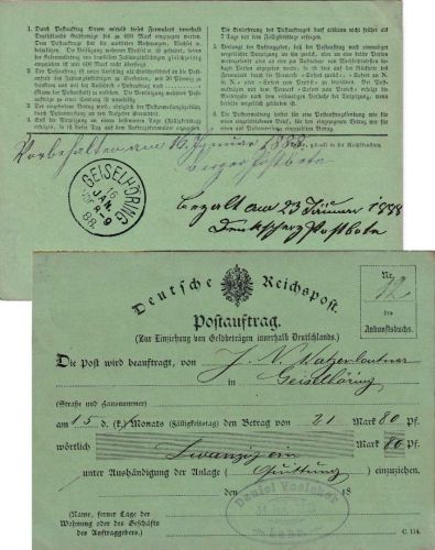 DR - Lahr 1888 Postauftragskarte n. Geiselhöring