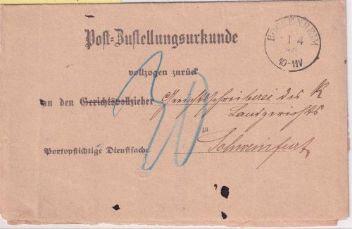 DR - Bockenheim 1884 K1 Postzustellurkunde n. Schweinfurt - Nachporto