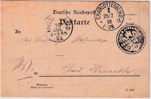 DR - Charlottenburg 1893 Postsache/Karte (Postanweisungsdienst) n. Bad Kreuth