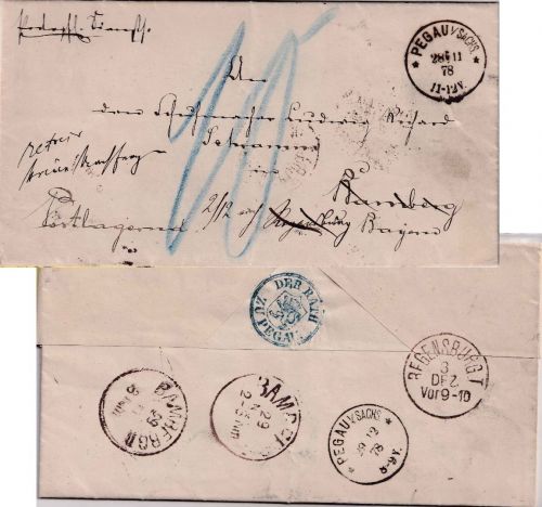 DR - Pegau 1878 Portopfl. Dienstsache/Brief n. Bamberg/postlagernd - Nachporto