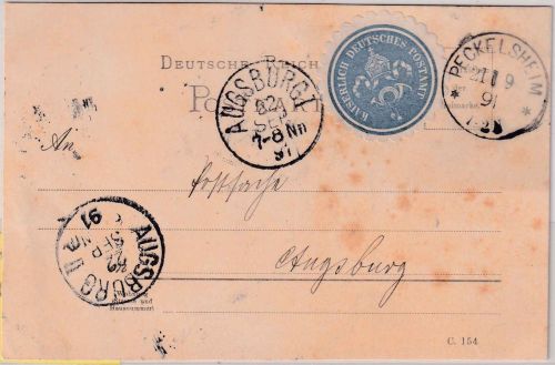 DR - Peckelsheim 1891 Postsache/Karte (Postanweisungsdienst) n. Augsburg