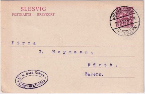 Schleswig - 15 Pfg. Ganzsache Lügumkloster - Fürth 15.3.20