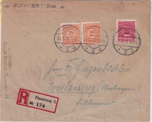 Schleswig - 2x25+10 Pfg. Freimarken Einschreibebrief Flensburg Freilassing 1920
