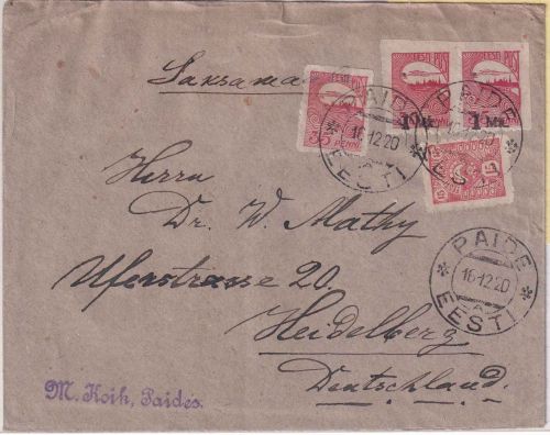 Estland - Paide lokaler Durchstich ! Brief Paide - Heidelberg 1920